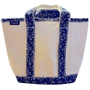 Lands’ End Small Open Top Canvas Tote Bag Cream with Periwinkle Blue Print Trim
